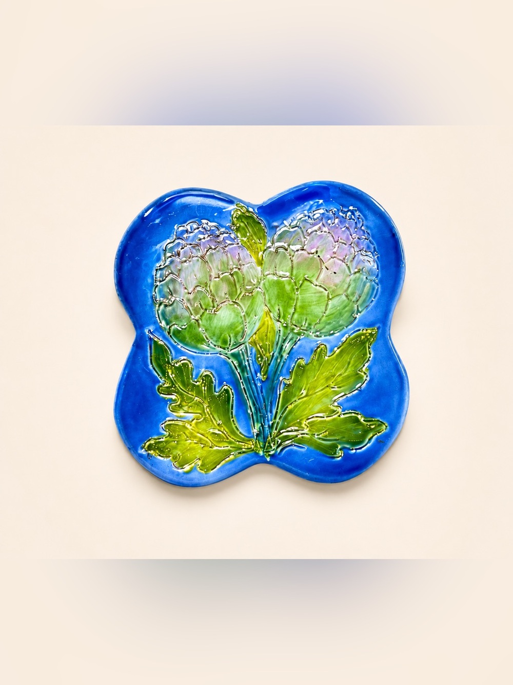 Vintage Italian Majolica Artichoke Trivet Hand Painted Ceramic Hot Plate